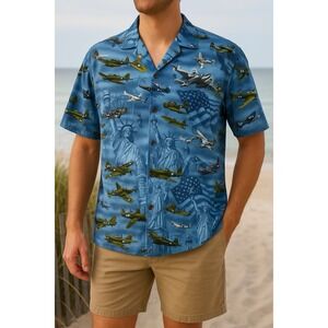 Pacific Legend Hawaiian Shirt XL Blue Military WWII Aircraft Print Made in USA
